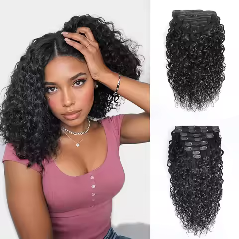 Human Hair Jerry Curly Clip Ins - 16-24 Inch 3B 3C Curly Extensions - Brazilian 7Pcs Set - Blend Wel