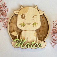 動物木製嬰兒房掛飾  可愛牛牛寶寶房裝飾與客製化姓名掛牌