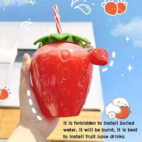 500ml Summer Cute Strawberry Straw Water Bottle Milk Coffee Straw Cup for Home