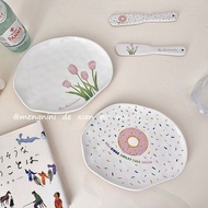 Ins Korean Ceramic Plate Creative Girl Heart Donut Tulip Ceramic Breakfast Dessert Plate Butter Jam Knife