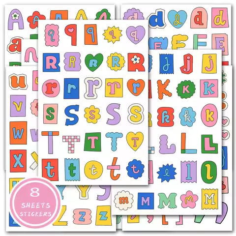 8 Sheets Cute Alphabet & Symbol Label Stickers - Pastel English Letter Decals for Student Journal, D