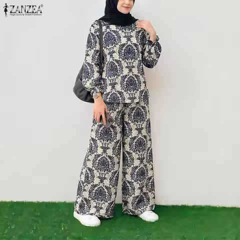 ZANZEA Women Muslim Outfits Bohemian Long Sleeve Blouse Elastic Waist Pant Sets Casual Printed Match