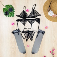 Women's Underwear Bra + Lingerie Stocking + Garter Belt Black Ac36A