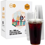 Turbo Bee 200 Sets 24 OZ Clear Plastic Cups with Lids and Straws, Disposable To Go Iced coffee cups 