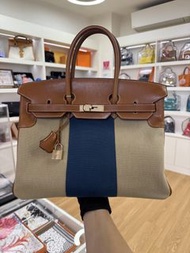 Birkin35 滑面馬鞍皮拼帆布 淡金扣 R刻