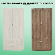 POPPY 2 Door 2 Drawer Wardrobe Clothes with Keylock Almari Baju Kunci Bedroom Cabinet Beige Cherry Color Rak Baju Kayu