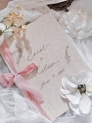 客製 麻布結婚證書套 + 法式粉紅真絲絲帶  | 客製名字及日期