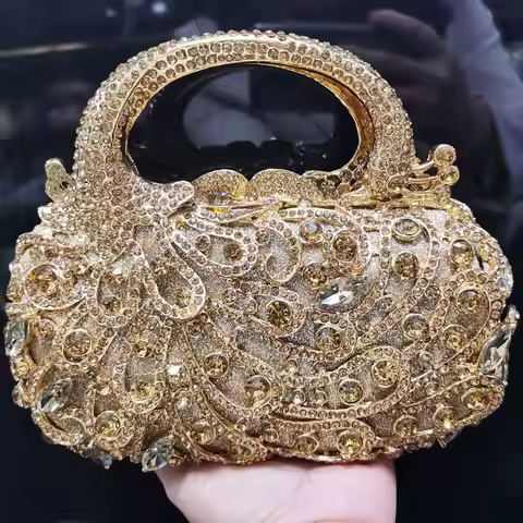 KHNMEET Fashion Rose Gold Mini Tote Handbags Box Crystal Evening Bags Women Clutch Bags Champange We