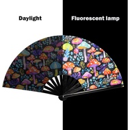 Large Rave Fan Bamboo Folding Clack UV Glow Hand Fan Handheld Fan With Fan Holster for Men Women EDM