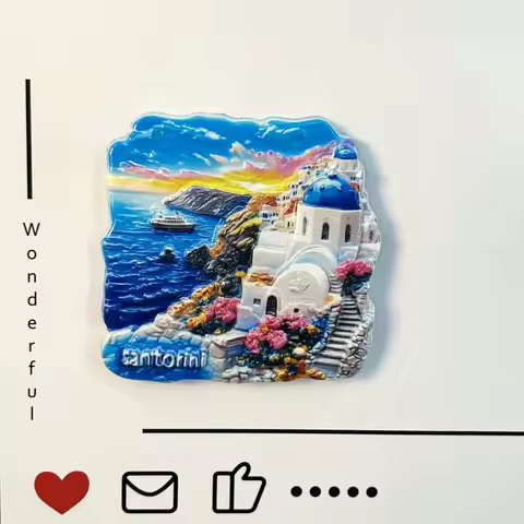 Greece, Santorini, Mediterranean, travel souvenirs, blue roofed 3D church, scenic magnetic refrigera
