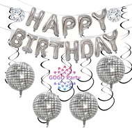 Silvery Disco Happy Birthday Balloon • 4D Sphere Disco Balloon • 70s 80s 90s Disco Theme • Hippie Pa