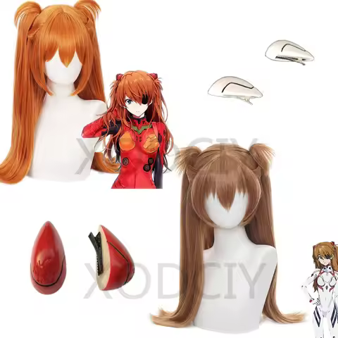 2 colors Asuka Langley Soryu Cosplay Wigs Long brown Orange With 2 Ponytail Clips Heat Resistant Syn