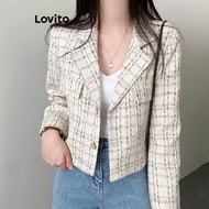 Lovito เสื้อโค้ทผู้หญิง กระดุมหน้า ลายตารางกิงแฮม สไตล์ลำลอง LNE29212 (หลายสี/สีดำ)