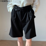 INCERUN กางเกงลำลองขาสั้นชิโนเข็มขัดเอวกางเกงขาสั้นผู้ชายเรียบ (สไตล์เกาหลี)