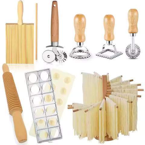 Wooden Ravioli Rolling Pin Foldable Pasta Drying Rack Ravioli Mold Pasta Stamps Roller Wheel Pizza S