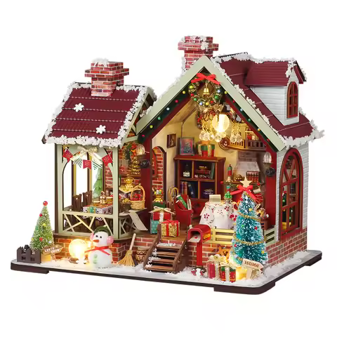 DIY Wooden Warm Christmas Lodge Casa Figurines Miniatures Assembled Houses With Lights for Friends G