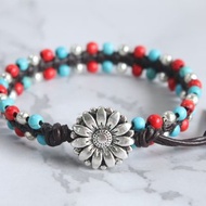 綠松石紅珊瑚皮革雛菊花手鍊女士最好的朋友禮物