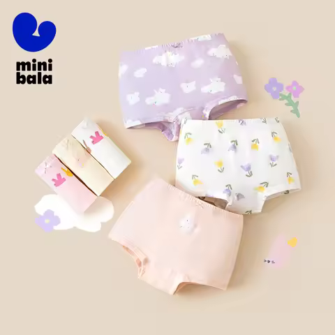 Mini Bala Girls' Underpants 3-piece Pack Baby Breathable Children's Boxer Shorts Non-pinching