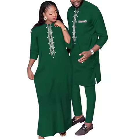 African Clothes for Couple Fashion Women Robe Dresses and Dashiki Men Robe Suit Bazin Riche Nigerian