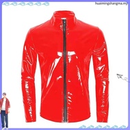 Plus Size Men Sexy Shi PVC Leather Jacket Erotic Sha pe Latex Casual Coat Metal For