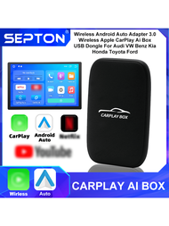 1台 SEPTON CarPlay Android智能AI電視盒 便攜式無線Android Auto CarPlay YT TV Box適用於OEM有線CarPlay收音機