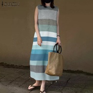 (จัดส่ง3วัน) ZANZEA เดรสตัว H แขนกุดชุดพิมพ์ลายเสื้อคอลูกเรือแฟชั่นสไตล์เกาหลีของผู้หญิงทรง H-Type #