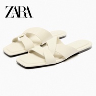 Zara Women's Shoes Light Beige Cow Leather Flat Sandals Square Toe Cross Strap Back Empty Shoes