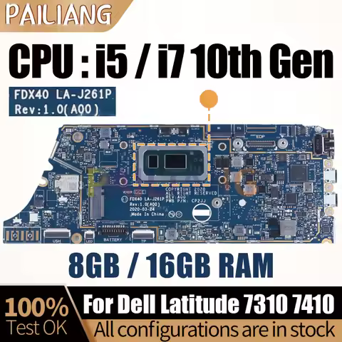 For Dell Latitude 7310 7410 Notebook Mainboard Laptop LA-J261P 0CYV1X 00N7RN 04J6CM I5I7 10th RAM 8/