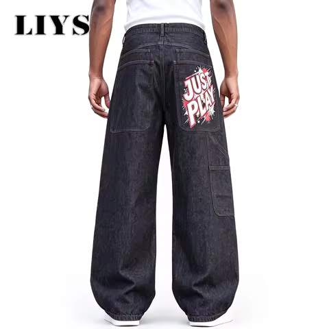 LIYS Men Hip Hop Baggy Denim Jeans Retro Letter Print Multi‑Pocket Cargo Wide Leg Pants Street Skate