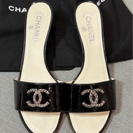 正品 CHANEL 高跟 漆皮 黑香奈兒 老香 涼鞋 牛皮 拖鞋