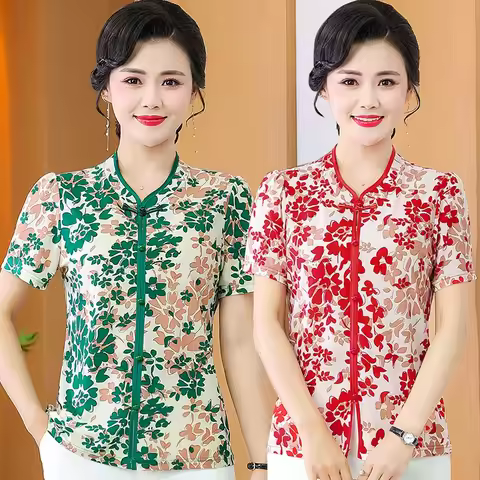Women's Fashion Printing Short Sleeve T-shirt Summer Casual Vintage Qipao collar Pullovers Tops for 