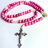 Pink Rosary Necklace with 77x gold pattern, our father's prayer - stainless steel rosary