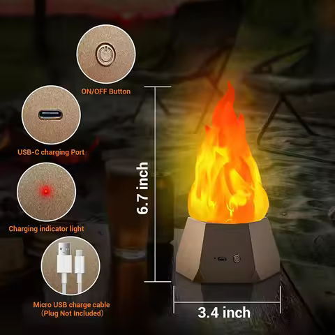 USB Rechargeable Flickering Flame Lamp 35H Runtime Energy Saving 3D Fake Fire Night Light Rechargeab