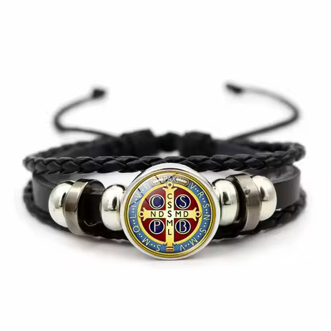 12 Styles Catholic Saint Benedict Exorcism Leather Bracelet Nursia Saint Benedict Christian Pattern 