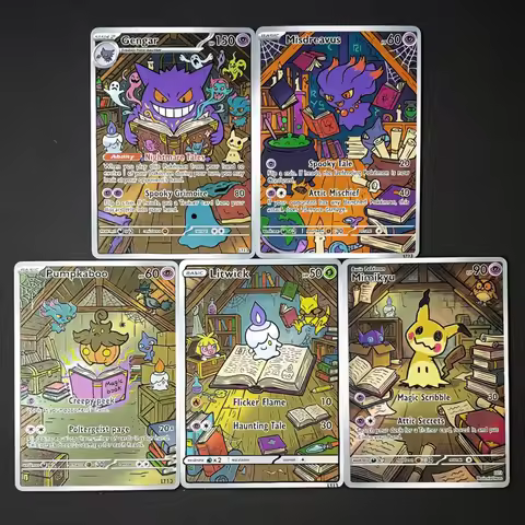 5Pcs Pokemon PTCG style Gengar Misdreavus Pumpkaboo Litwick Mimikyu holo cards Pokemon gift Art Poke