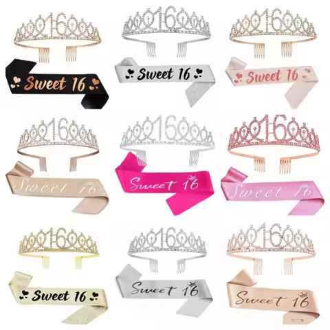 "Sweet 16" Birthday Sash & Rhinestone Tiara Set, 16 Year Old Birthday Gifts for Her 16th Party Decor