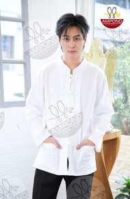 เสื้อพื้นเมืองชายคอจีนกระดุมจีน5เม็ดสีขาวแขนยาว