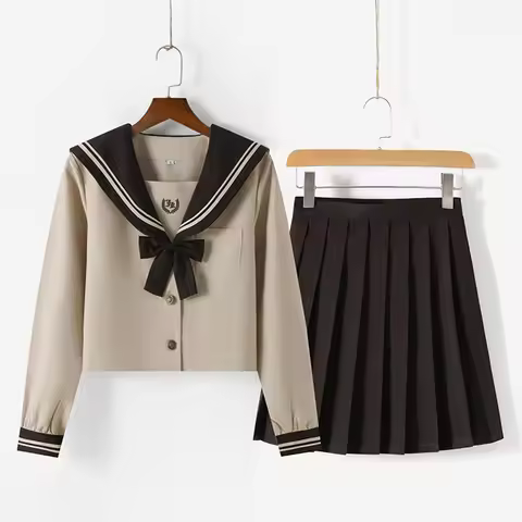 JK School Uniform Set Sailor Suit with Pleated Skirt Milk Tea Color Jk Outfit