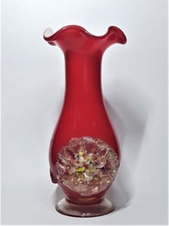 早期日據 昭和年代 手拉吹製老琉璃玻璃紅色牡丹花瓶 B (有損) 花器 Vintage懷舊復古 擺飾花藝100052