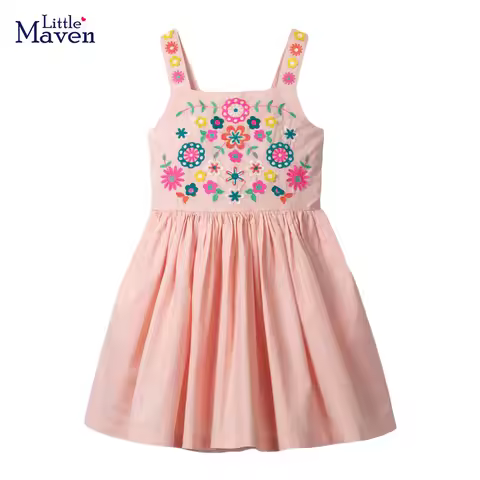 Little maven 2026 New Years Girls Dress Summer Girl Beach Floral Dresses for Girls 7 Years Embroider