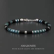 4mm Handmade Amazonite Agate Bracelet For Men, Blue-Green-Black Color Combination, Gemstone Jewelry 
