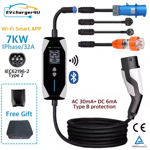 EVcharger4U IEC62196 Type 2 7KW Portable EV Charger 1Phase 32A 5M Cable with RCD Type B Protection W