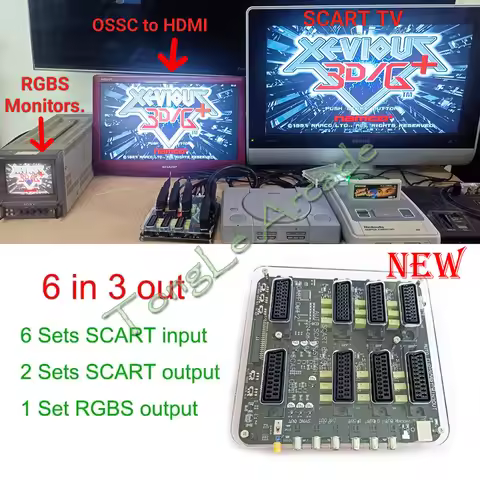 Mini EUR Scart Distributor, Acrylic Case, 6 Input, 3 Output, Full Automatic, RGBS Video Converter fo