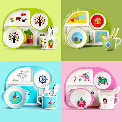 Cartoon Kids Tableware Children Dish with Partitions Bamboo Fiber Food Plates Fall-proof Baby Feedin