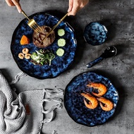 Nordic Blue Vintage Tableware Set Kiln Glazed Ceramic Rice Salad Round Dish Dinner Plate Bowl Dinnerware Set Microwave Safe