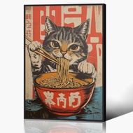 Vintage Japanese Cat Canvas Wall Art Quirky Black Cat Eating Ramen Poster Retro Funny Animal Food Ar