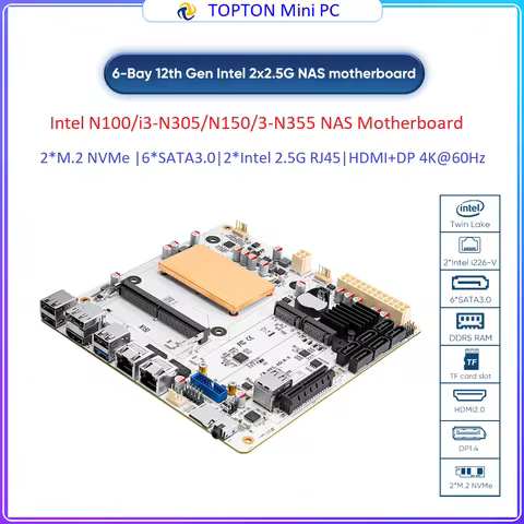 6-Bay Firewall NAS Motherboard i3-N355 N305 N150 N100 1*PCIEx4 2*Intel i226-V 2.5G 2*M.2 NVMe 6*SATA