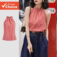 Casual Top Plaid Ruched Christmas Holiday Tank Top for Women L128ED333