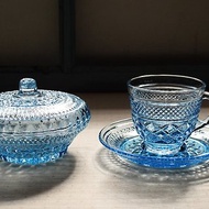 早期咖啡杯碟與糖盒－透藍的稜方 (玻璃/刻花/收納)