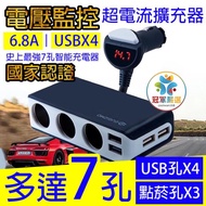 【冠軍嚴選】智能電壓監控 7孔車充(3孔+4USB)國家認證 電流過充保護快充 點菸器擴充座 酷電大師 汽車車充